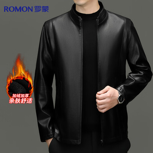 Luo Meng Leather Jacket Men's Autumn and Winter Middle-aged Velvet Thickened Stand-Collar Jacket Warm Leather Jacket Middle-aged and Elderly Men's Top