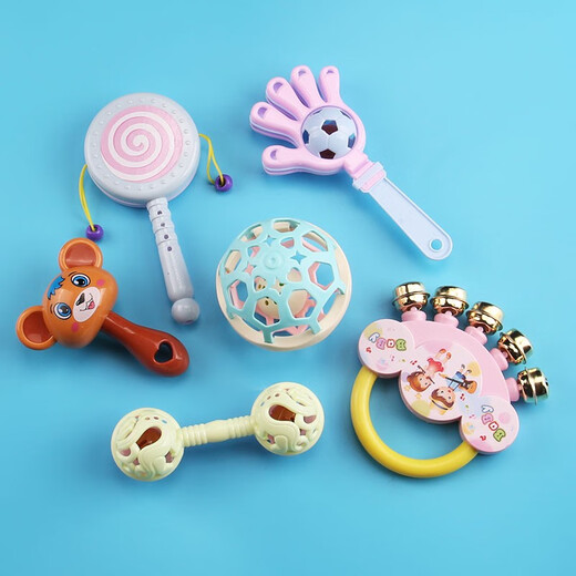 Hochet à main jouet bébé 0 à 3 mois hochet 6 nouveau-né marteau de sable entraînement à la préhension hochet à main 2 ans hochet chat ensemble de 6 pièces doigt de sucre main double rond couleur chat