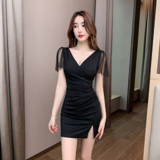 Zhidou Dou Foot Bath Spa Arbeitskleidung High-End-Atmosphäre sexy Techniker Kleid für Frauen Deep V Kleid Fußmassage Hüfte 3897 Schwarz S empfohlen 80-95 Jin [Jin ist gleich 0,5 kg]