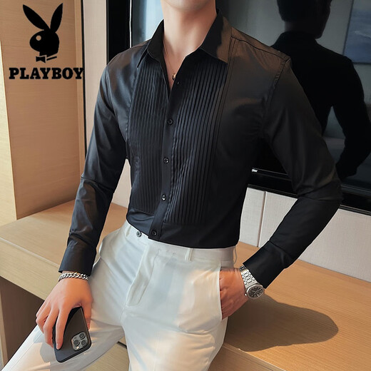 
Playboy (PLAYBOY) groom wedding long sleeve shirt men fashion pleated dress shirt trendy slim men wedding banquet performance shirt 2353 white L