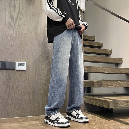 Foss Phil High Street Jeans Men's Spring and Autumn Winter Style Fashion American Retro Loose Straight Washed Long Pants Men's Fashion Brand 718-K870 Medium Blue [Regular] XL [Suggested 145-160Jin [Jin equals 0.5 kg]]