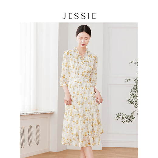 JESSIE气质木耳边V领雪纺连衣裙印花裙女2024春季新款 黄色 M