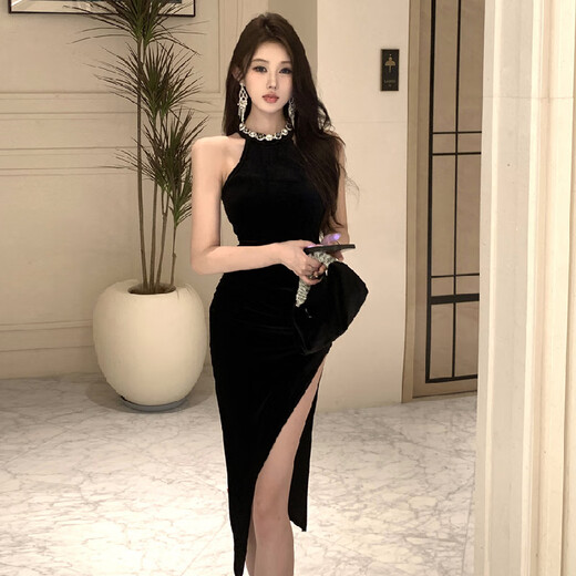 忆静萱（YIJINGXUAN）夜店轻奢挂脖重工性感辣妹连衣裙金丝绒高腰气质收腰开叉宴会礼服 黑色 M 95-105斤