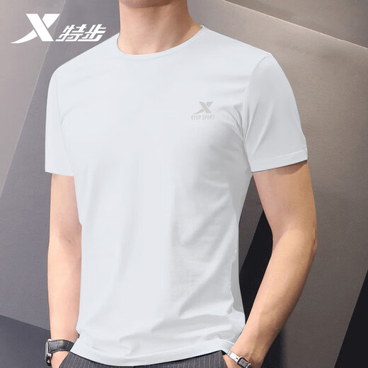 特步（XTEP）运动短袖t恤男速干衣夏季新款冰丝健身上衣宽松休闲薄款跑步半袖 珍珠白-速干 L 175