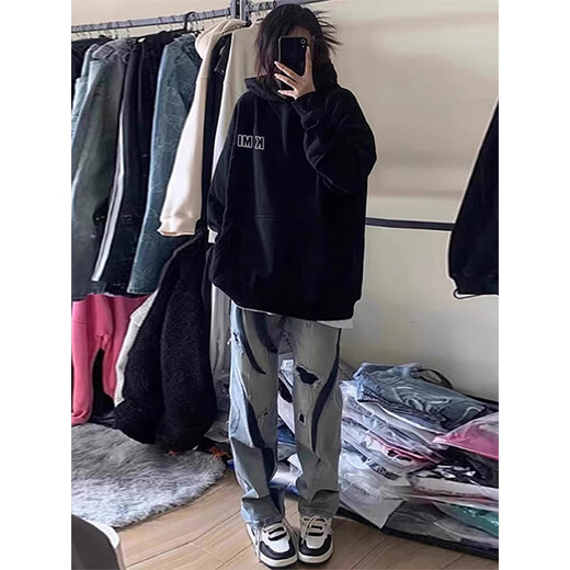 Digada sweatshirt men and women autumn and winter design niche trendy brand oversize plush American retro hooded sweatshirt jacket HDFS-6180 black [plus plush] L