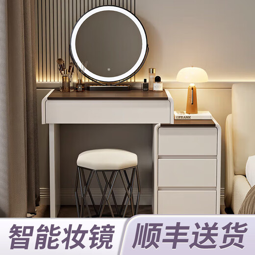 Xinang dressing table bedroom modern small apartment simple small Nordic light luxury solid wood dressing table storage cabinet integrated 60cm white walnut + three drawer cabinet + round mirror + bird's nest stool