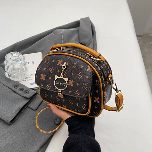 Feng Shang strukturierte Crossbody-Tasche kleine runde Tasche Frauen Neue Mode gedruckte Frauen Tasche mehrschichtige Handtasche einzelne Schulter-Diagonale Frauen [Kaffee mit Braun]