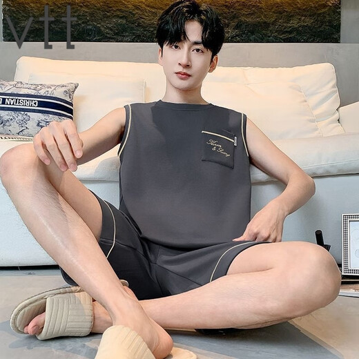 VTT男睡衣夏季无袖纯棉薄款背心短裤家居服宽松套装大码可外穿 V背心短裤：OMM13063 L