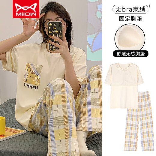 Catman Miiow Pajamas Nouveau pantalon de coton pur et coton pur pur pur peut être porté sur le jeu de vêtements de grande taille de dessin animé de grande taille C9202 poitrine de poitrine de courte longueur des femmes [suggérée 80-95 Jin [Jin est égal à 0,5 kg]]]