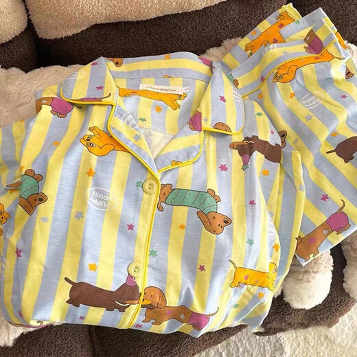 婉曼朵网红卡通腊肠狗睡衣女春秋季长袖2025新款甜美可爱条纹开衫家居服 9274#双长条纹兔子 XL  110-130斤