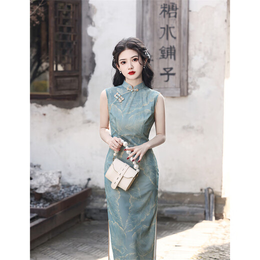 Du Yanzhi Spring and Summer New Style Mesh Printed Rose Double Layer Mid-Length Cheongsam Sleeveless Republic of China Style Old Shanghai Cheongsam Rose 2XL 120-130Jin Jin equals 0.5kg (skirt 119CM)