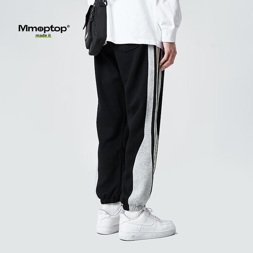 MMOPTOP潮流条纹束脚裤子男春夏季宽松阔腿运动休闲长裤CK652 黑色 L