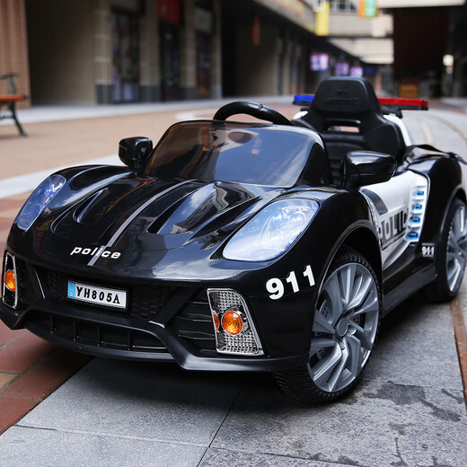 Obel children's electric car can sit in a police car four-wheel stroller swinging baby with remote control off-road vehicle toy elegant black + five-point leather seat cushion