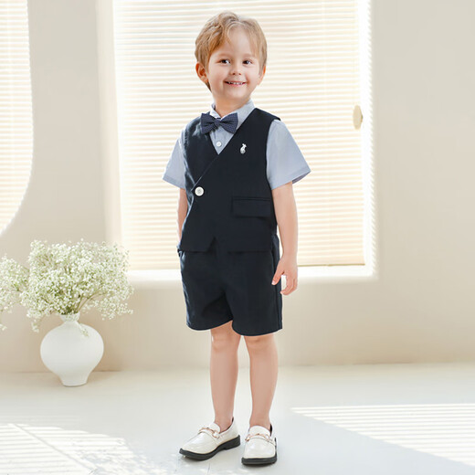 萝卜呗呗男童礼服儿童背带裤马甲套装开学合唱表演服 藏青短款四件套 120