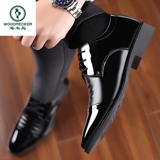 
Woodpecker Real Soft Leather Suit Men's Leather Shoes Men's Flat Groom Gloss Glossy Official Wedding Shoes Young Pointed Toe Boys Casual Wedding Shoes Spring and Autumn 9903 Glossy Black 39