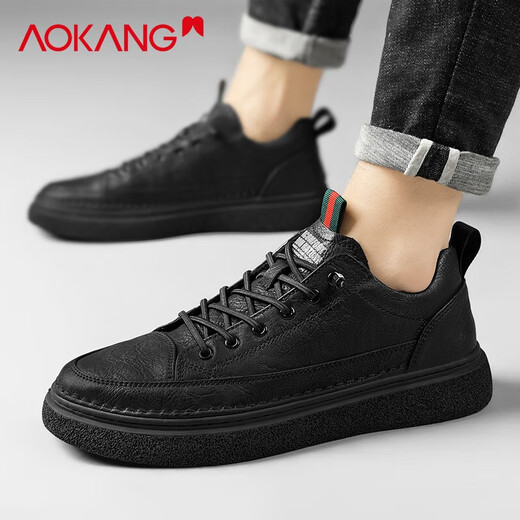 Aokang shoes men's 2025 new winter business casual genuine leather shoes men's comfortable British style thick sole sneakers men's shoes black 40
