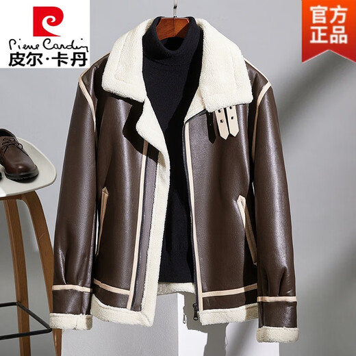 Pierre Cardin fur one-piece men's winter large size velvet thickened leather jacket short motorcycle jacket men's lamb wool jacket brown XL (light business)