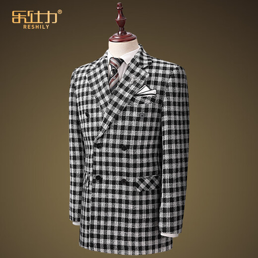 
RESHILY wool suit men's jacket trendy double-breasted black and white plaid suit fashionable casual and long single western thick style, rough black and white plaid single suit 180/XL/52 (weight 135-150Jin [Jin equals 0.5 kg])