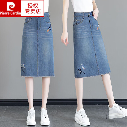 Pierre Cardin (Pierre Cardin) Überknee-Schlitzfell-Kanal-Denim-Rock für Frauen 2025 Sommer neuer schlanker Stickerei einstufige Hüft-Mid-Rock Blue XL 29 [Vorschlagen 15125jin [Jin gleich 0,5 kg]]]