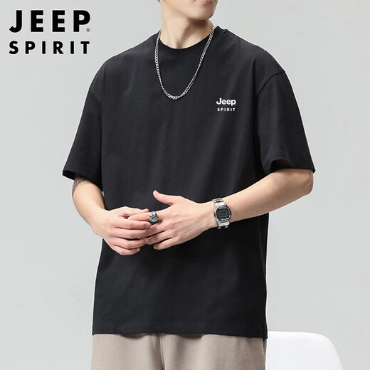 JEEP SPIRIT吉普重磅短袖T恤男夏季纯棉五分袖宽松大码可定制上衣男 黑色 XL