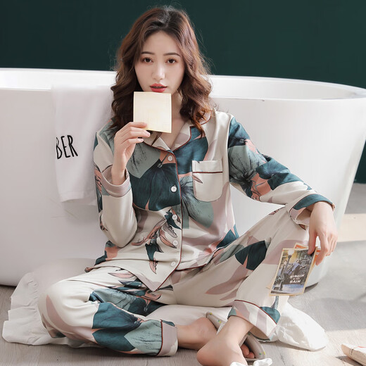 迪莱芬睡衣女纯棉长袖春秋季休闲开衫家居服全棉冬季薄款加大码女士套装 XEQ-9906女 L 码 建议穿着体重105-120斤