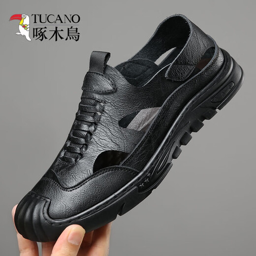
Woodpecker genuine leather cowhide heightened hole shoes for men summer new 2024 sandals men breathable hollow men casual interior 6629 black 39