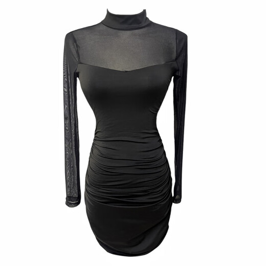 El temperamento de Lanni Shifei y el club nocturno de celebridades Feel Firl Hot Girl Perspective Perspective Mesh Spiling Manga larga Falda corta Vestido de cadera apretada para mujeres Negro M