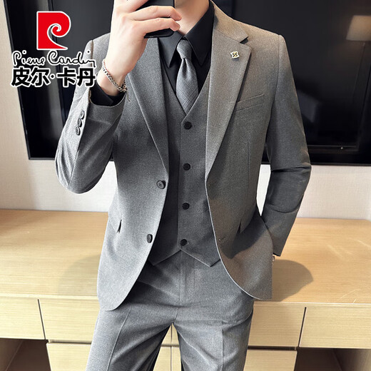 Pierre Cardin Suit Suit Men's Business Professional Formal Wear Groom Wedding Dress Men's Casual Slim Knitted Suit Jacket Fashion Medium Gray (Suit + Pants) 6XL
