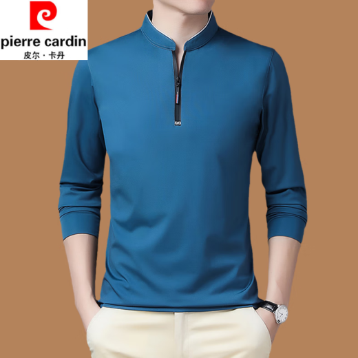 皮尔卡丹（pierre cardin）春秋季新款男士纯棉亲肤长袖T恤半拉链立领卫衣大码宽松百搭上衣 QPD-6623哈青【春秋薄款】 175/88A 建议130-150斤