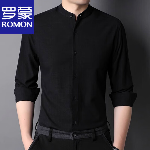 罗蒙（ROMON）小立领棉衬衫男2025年春秋长袖衬衣休闲内搭中华领薄款 9930款浅灰 180/XL