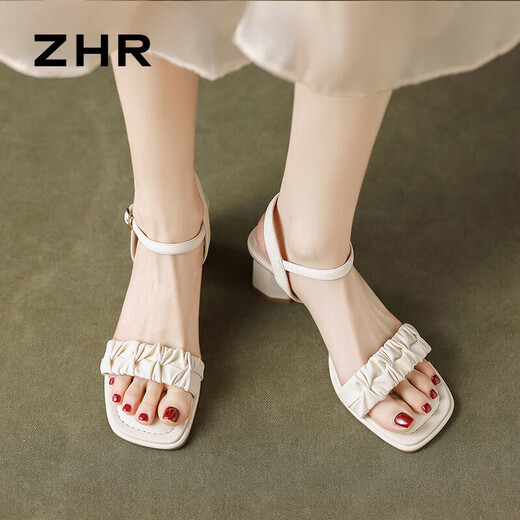 ZHR粗跟凉鞋女夏季优雅法式方头女鞋百搭一字带鞋子女 Y756 米色 37 