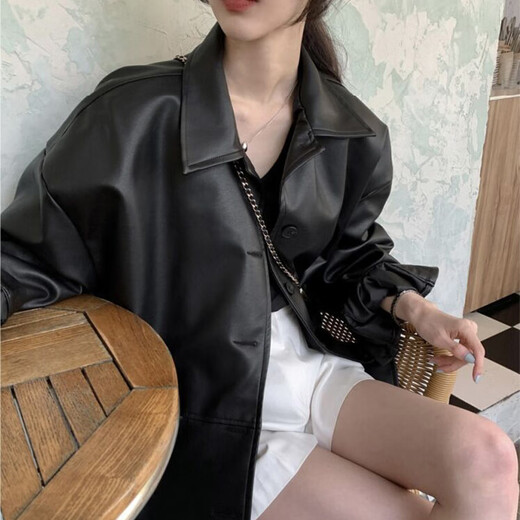 天丂韩式黑色皮衣衬衫女早春宽松百搭仿皮衣夹克外套设计感polo领上衣 黑色M【建议105斤以下】