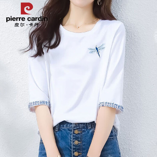 
Pier Cardin 2025 new spring and autumn pure cotton 700-quarter sleeve T-shirt for women's mid-sleeved loose design youth short-sleeved summer top W6172 ice blue mid-sleeved L (recommended 105-120 Jin [Jin equals 0.5 kg])