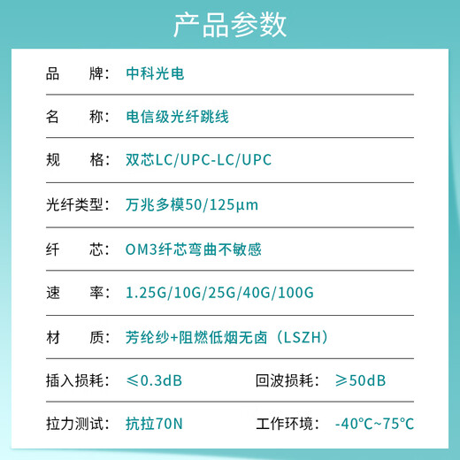 中科光电 万兆多模光纤跳线 多模双芯 双工光缆尾纤OM3 50/125μm电信级光纤线米 LC-LC多模 ZK-LC-LC/OM3- 1M米