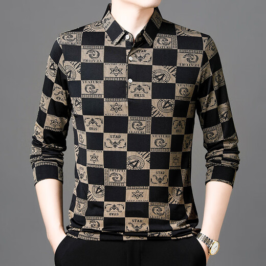 HUALIN FASHION长袖印花衫男士春秋薄款潮流休闲爸爸装恤 T9889长袖 黑色 M 165/95-115斤