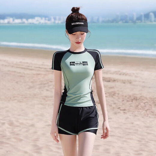 F.DYRAA swimsuit women's high-end split short-sleeved slimming professional swimming pool four-piece set 13028 white green XL