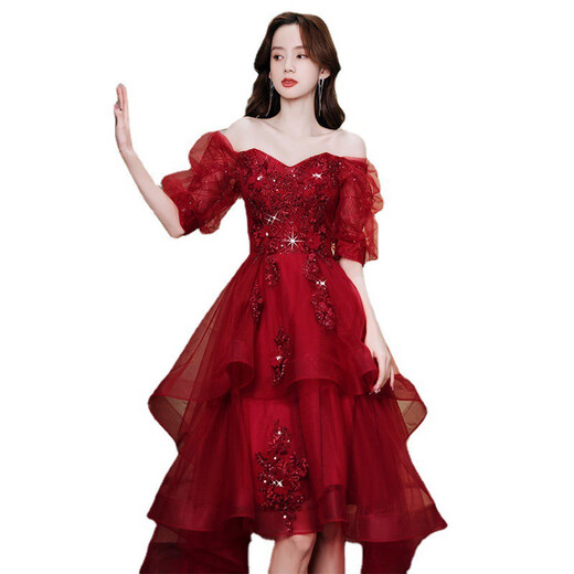 Jianfang Toast Clothes Bride 2025 New Spring and Summer Brewery Wedding Puff Sleeve One-Shoulder Escape Princess Dress Evening Dress Brewery Short Front and Long Back XS