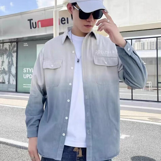 舻白 男士长袖衬衫秋季潮牌渐变色衬衣青少年百搭宽松感外套 NS-521绿色 L 建议105-125斤