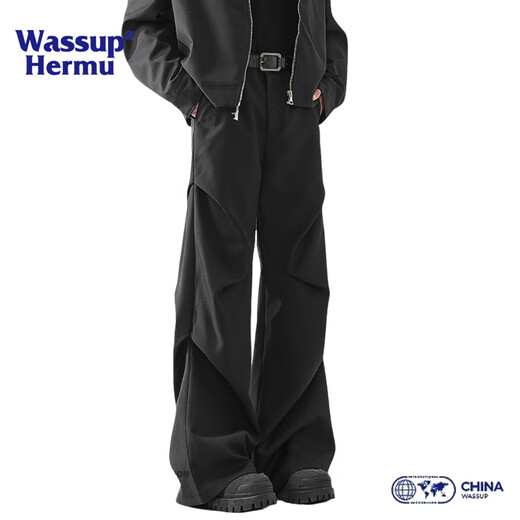 Wassup Hermu Offizielle Freizeithosen für Männer Frühling und Sommer Cleanfit American Lose Floors Leicht abgeschrägtes Falten-Design geradeanzughose Black XL (Empfohlen 120-140jin [Jin ist gleich 0,5 kg])