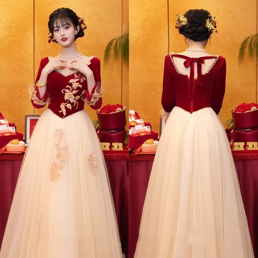 Li Baixin Toast Wear 2025 New Winter Long Sleeve Bridal Engagement Dress Burgundy Student Art Exam Fugitive Princess Dress Burgundy S