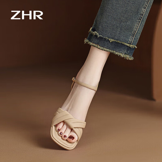 
ZHR Sandals for women in summer elegant one-length strap thick heels for women gentle solid color high heels for women Y683 apricot color 39