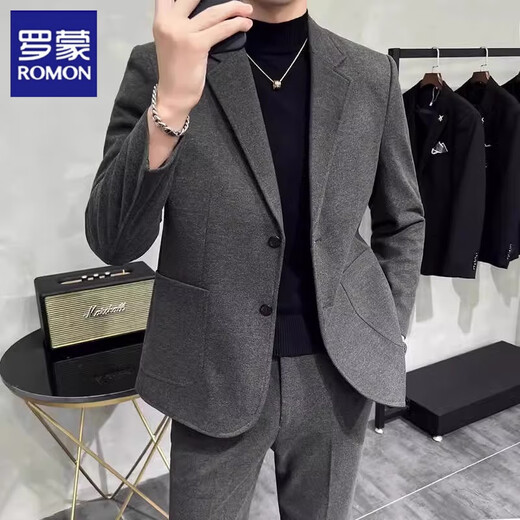 Romon Woolen Suit Jacket Men's Autumn Season New Style Business Formal Casual Thickened Suit Men's Dark Gray Suit M