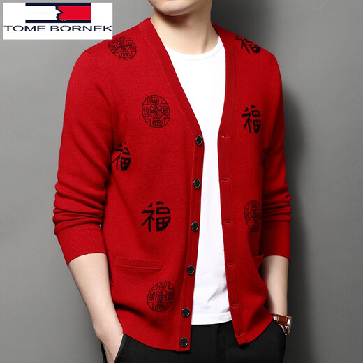 
Tommy Heelly Middle-aged and Elderly Red 100% Wool Men's Clothes Knitted Cardigan Jacket Dad Loose Sweater Big Red 110