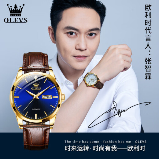欧利时（OLEVS）瑞士认证品牌手表男机械表全自动男士手表防水夜光时尚商务男表 OLEVS-6629男-棕皮蓝面