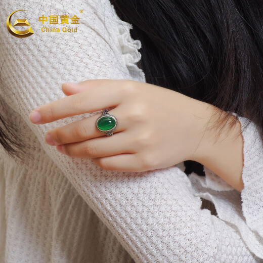 中国黄金（CHINA GOLD）绿玉髓女士款戒指活口指环绿玉髓S925纯银开口指环送女友妈妈礼物 绿玉髓戒指