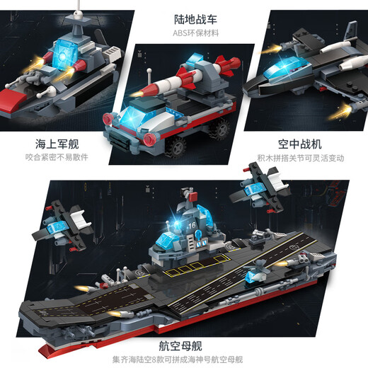 Zhegao Bausteine ​​versammelte Flugzeugträger Zerstörer Militär Kriegsschiffmodell integrierte Spielzeuge Kinderjunge Geschenke acht-in-eins-Flugzeugträger-723 Partikel