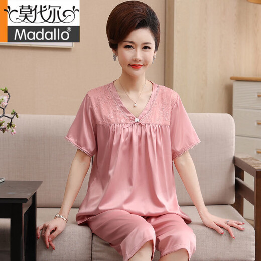 莫代尔冰丝睡衣女夏季妈妈短袖五分裤套装中老年大码家居服仿真丝 826 3XL 建议155-175斤