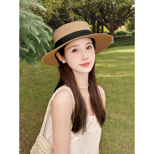 Meman flat top straw hat women's French straw woven top hat 2025 new summer large brim sun hat seaside vacation sun hat 2# concave top white-upgrade soft top [hat brim 8CM]