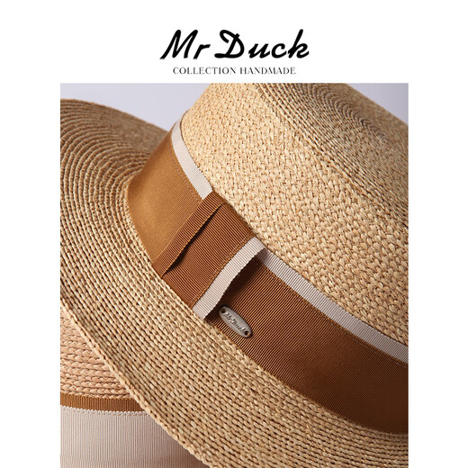 Mr Duck rétro français romance importée Raffia Chapeau plate plat pour les femmes Protection solaire élégante top chapeau femmes Big Head MS46393-Light Brown / Michi Double-Piece Webbing L (57-58cm)