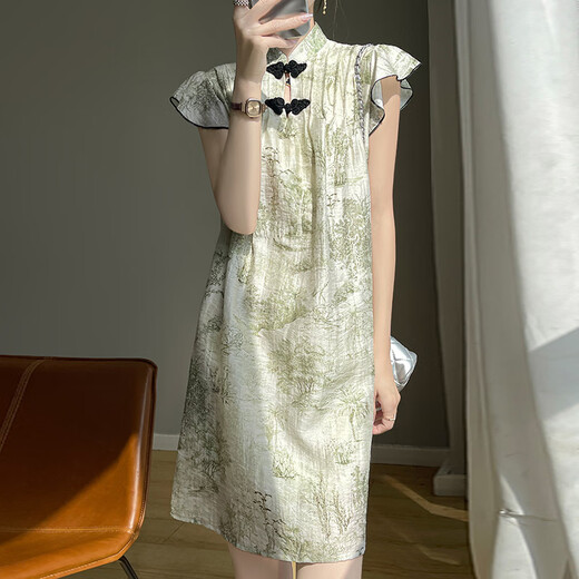 Li Yinu (LISLAVE) 2025 summer new Chinese style cheongsam short-sleeved dress with ladies' temperament loose slim and buckle new Chinese skirt Green JRP692 M